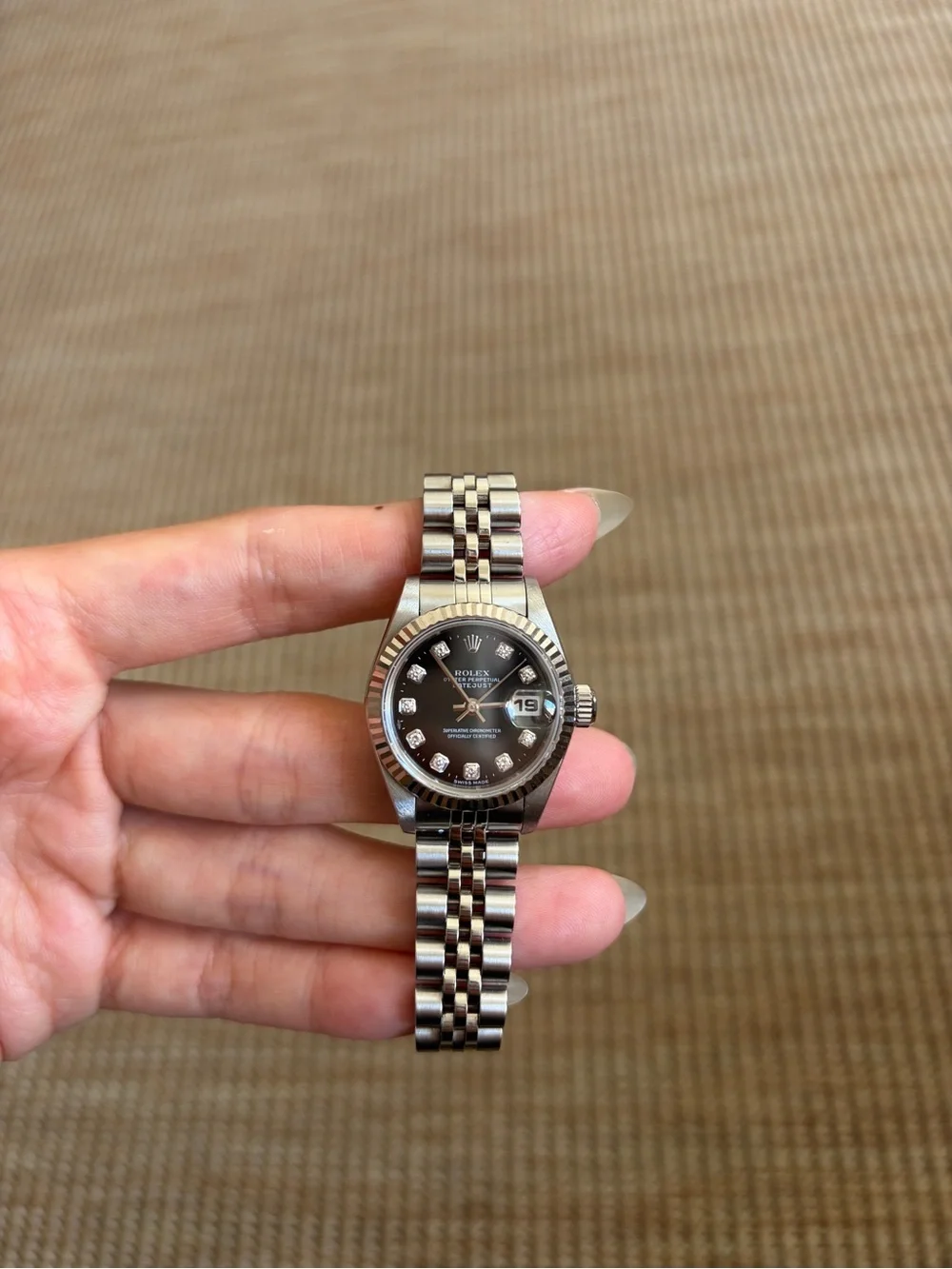 1997 Rolex Lady Dayjust Stainless Steel Watch Black diamond dial 26mm jubilee